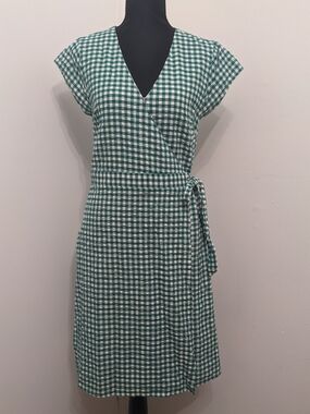 Banana Republic Green Gingham Wrap Dress | V-Neck with Side Tie | Women's Size 6